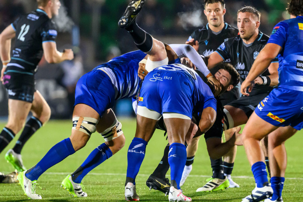 Mandatory Credit: Photo by Craig Watson/INPHO/Shutterstock (14183124z) Glasgow Warriors vs DHL Stormers. Glasgow's Greg Peterson is tackled BKT United Rugby Championship, Scotstoun, Glasgow - 03 Nov 2023