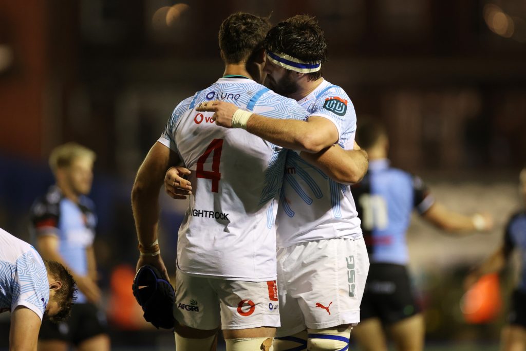 Mandatory Credit: Photo by Chris Fairweather/Huw Evans/Shutterstock (14203721as) Reinhardt Ludwig and Nizaam Carr of Bulls celebrate at full time. Cardiff Rugby v Vodacom Bulls - United Rugby Championship - 10 Nov 2023