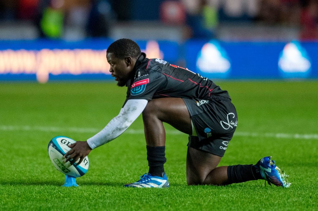 (14205134l) Scarlets vs Emirates Lions. Emirates Lions' Sanele Nohamba lines up a conversion BKT United Rugby Championship, Parc y Scarlets, Wales - 11 Nov 2023