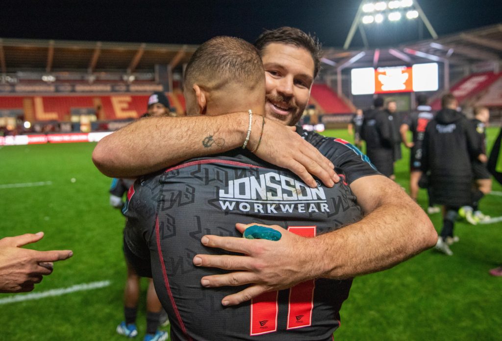 Mandatory Credit: Photo by Andrew Dowling/INPHO/Shutterstock (14205134s) Scarlets vs Emirates Lions. Emirates Lions' Marius Louw with Edwin van der Merwe after the game BKT United Rugby Championship, Parc y Scarlets, Wales - 11 Nov 2023