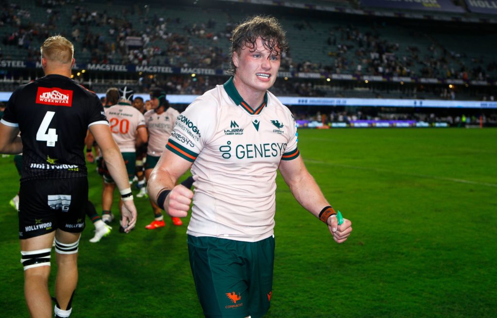 Mandatory Credit: Photo by Steve Haag Sports/INPHO/Shutterstock (14220806ap) Hollywoodbets Sharks vs Connacht. Connacht's Cian Prendergast celebrates after the game BKT United Rugby Championship, Hollywoodbets Kings Park, Durban, South Africa - 18 Nov 2023