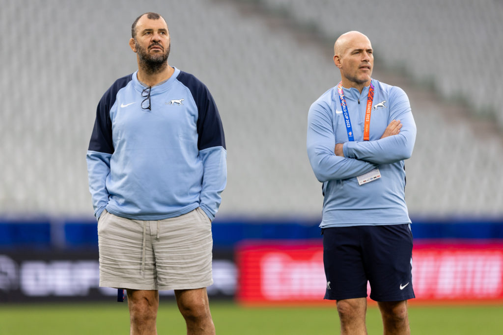 SAINT-ETIENNE, FRANCE - SEPTEMBER 21: Michael Cheika (L) head coach of Argentina and Felipe Contepomi (R) assistant coach of Argengina look on during their team's captain's run ahead of their Rugby World Cup France 2023 match against Samoa at Stade Geoffroy-Guichard on September 21, 2023 in Saint-Etienne, France.