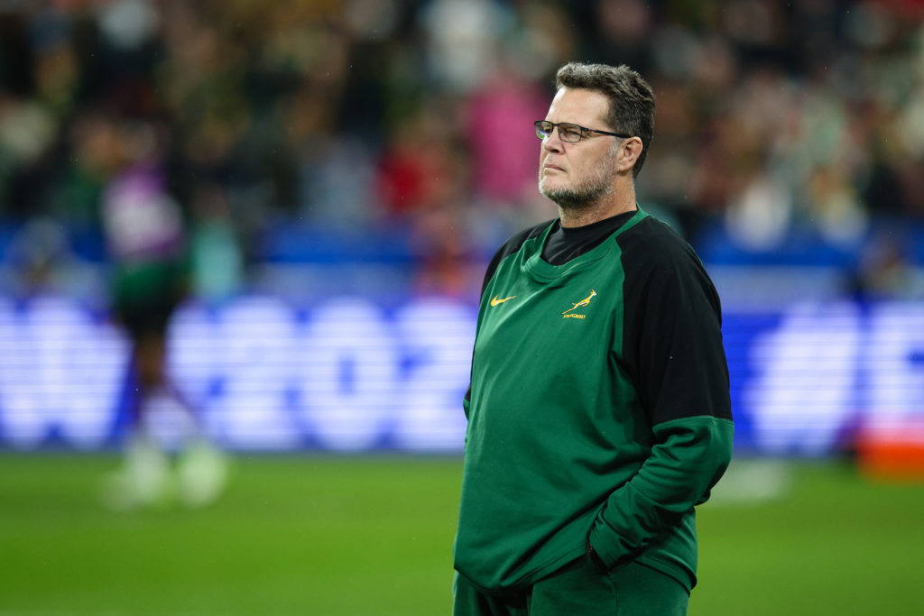 PARIS, FRANCE - OCTOBER 21: South Africa Director of Rugby Rassie Erasmus looks on during the pre match warm up ahead of the Rugby World Cup France 2023 match between England and South Africa at Stade de France on October 21, 2023 in Paris, France.