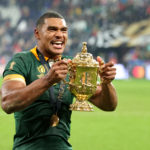 PARIS, FRANCE - OCTOBER 28: Damian Willemse of South Africa, raises the Webb Ellis Cup after their victory during the South Africa captain's run held at Stade des Fauvettes ahead of their Rugby World Cup France 2023 Final match against New Zealand on October 27, 2023 in Domont, France. (Photo by David Rogers/Getty Images)