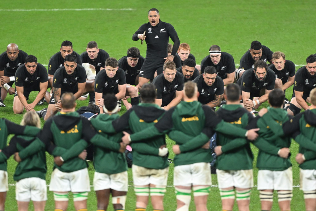 PARIS, FRANCE - OCTOBER 28: Aaron Smith of New Zealand leads the Haka ahead of the Rugby World Cup France 2023 Gold Final match between New Zealand and South Africa at Stade de France on October 28, 2023 in Paris, France.