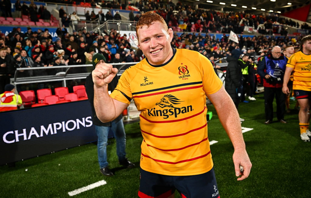 Belfast , United Kingdom - 16 December 2023; Steven Kitshoff of Ulster celebrates after the Investec Champions Cup Pool 2 Round 2 match between Ulster and Racing 92 at Kingspan Stadium in Belfast.