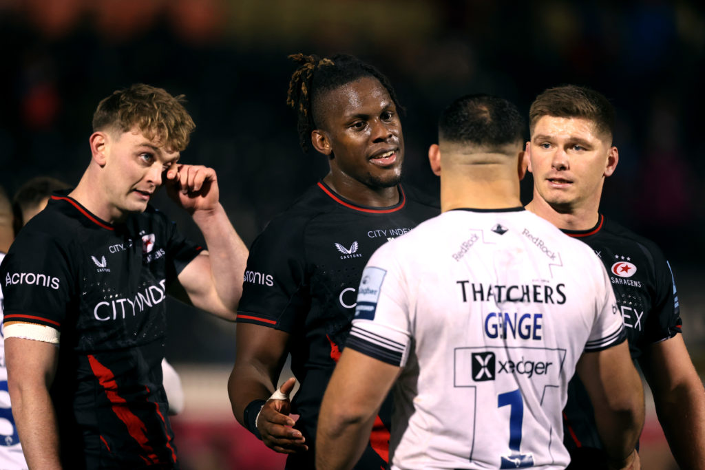 Photo: BackpagePix Saracens' Maro Itoje (centre) and Owen Farrell (right) speak to Bristol Bears' Ellis Genge after the Gallagher Premiership at StoneX Stadium, London. Picture date: Saturday November 25, 2023.