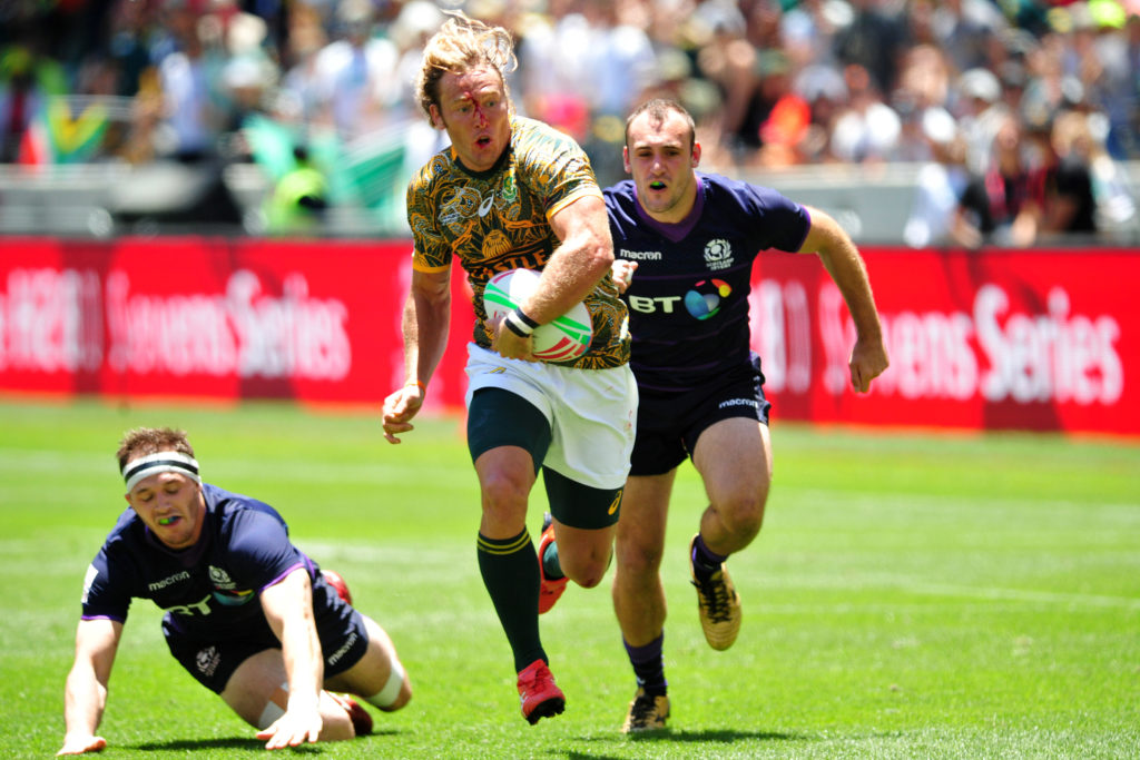 Werner Kok of South Africa scores a try against Scotland during day 2 of the 2018 HSBC Cape Town Sevens at Cape Town Stadium on 9 December 2018 ©Ryan Wilkisky/BackpagePixRyan Wilkisky/BackpagePix