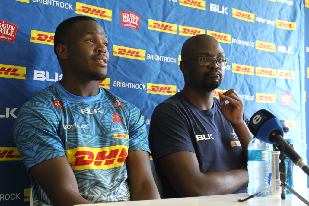 Hacjivah Dayimani and Stormers forwards coach Rito Hlungwani during the press conference after the Stormers training session held at the Bellville High Performance Centre in Cape Town on 26 September 2022 ©Shaun Roy/BackpagePix