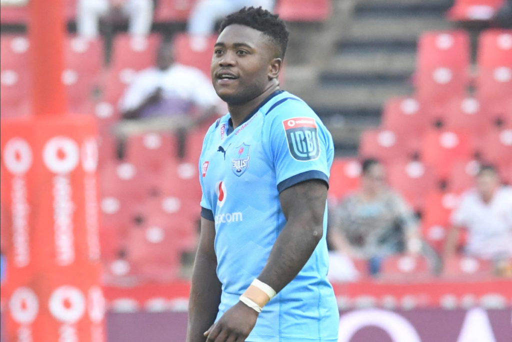 JOHANNESBURG, SOUTH AFRICA - SEPTEMBER 17: Wandisile Simelane of the Bulls during the United Rugby Championship match between Emirates Lions and Vodacom Bulls at Emirates Airline Park on September 17, 2022 in Johannesburg, South Africa.