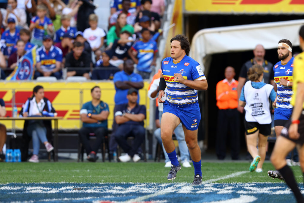 CAPE TOWN, SOUTH AFRICA - APRIL 01: Neethling Fouche of the DHL Stormers takes the field in his 50th match during the Heineken Champions Cup, round of 16 match between DHL Stormers and Harlequins at DHL Stadium on April 01, 2023 in Cape Town, South Africa.
