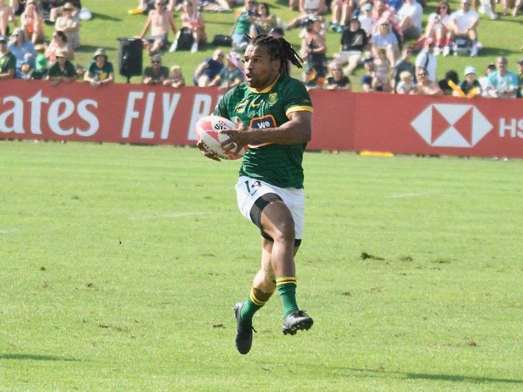 DUBAI, UNITED ARAB EMIRATES - DECEMBER 01: Rosko Specman of South Africa in action during day 1 of HSBC Dubai Sevens match between South Africa and Samoa at Sevens Stadium on December 01, 2023 in Dubai, United Arab Emirates. (Photo by David Van Der Sandt/Gallo Images)