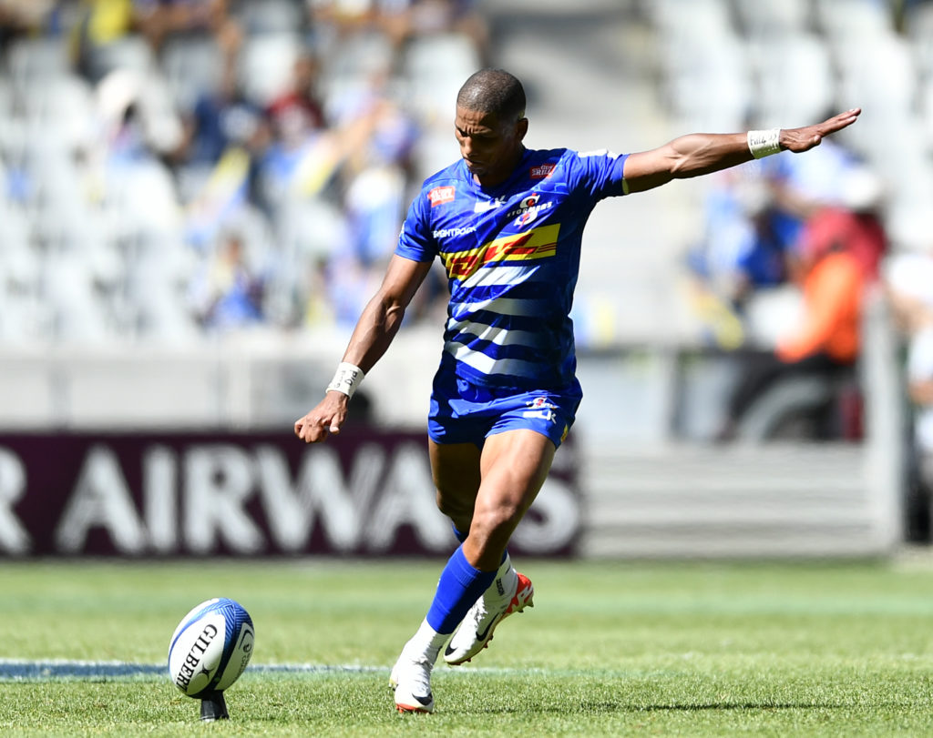 CAPE TOWN, SOUTH AFRICA - DECEMBER 16: Manie Libbok of the Stormers during the Investec Champions Cup match between DHL Stormers and La Rochelle at DHL Stadium on December 16, 2023 in Cape Town, South Africa.