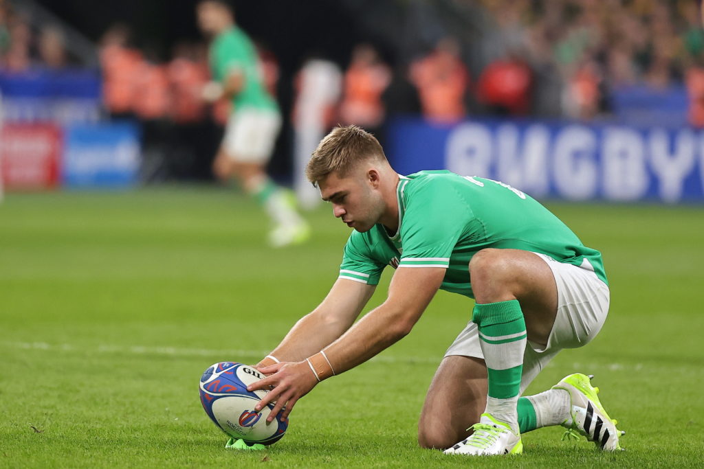epa10879645 Ireland’s Jack Crowley in action during the Rugby World Cup Pool B match between South Africa and Ireland in Saint- Denis, France, 23 September 2023. EPA/CHRISTOPHE PETIT TESSON