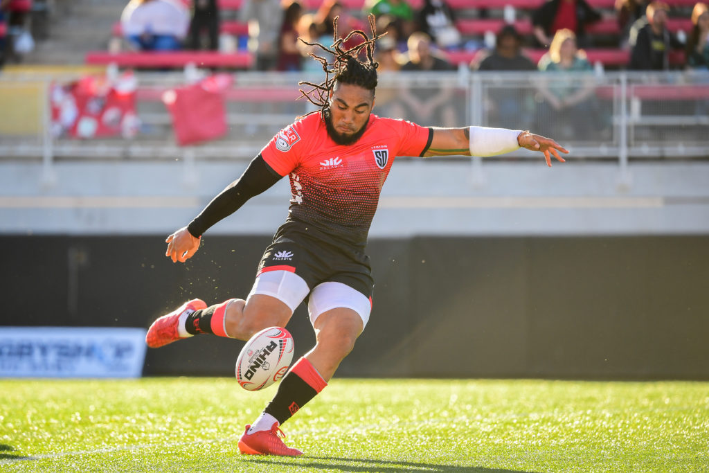 LAS VEGAS, NEVADA - FEBRUARY 16: Ma'a Nonu of the San Diego Legion kicks in a match against the Colorado Raptors during the Major League Rugby Vegas Weekend at Sam Boyd Stadium on February 16, 2020, in Las Vegas, Nevada. (Photo by Stuart Walmsley/Getty Images)