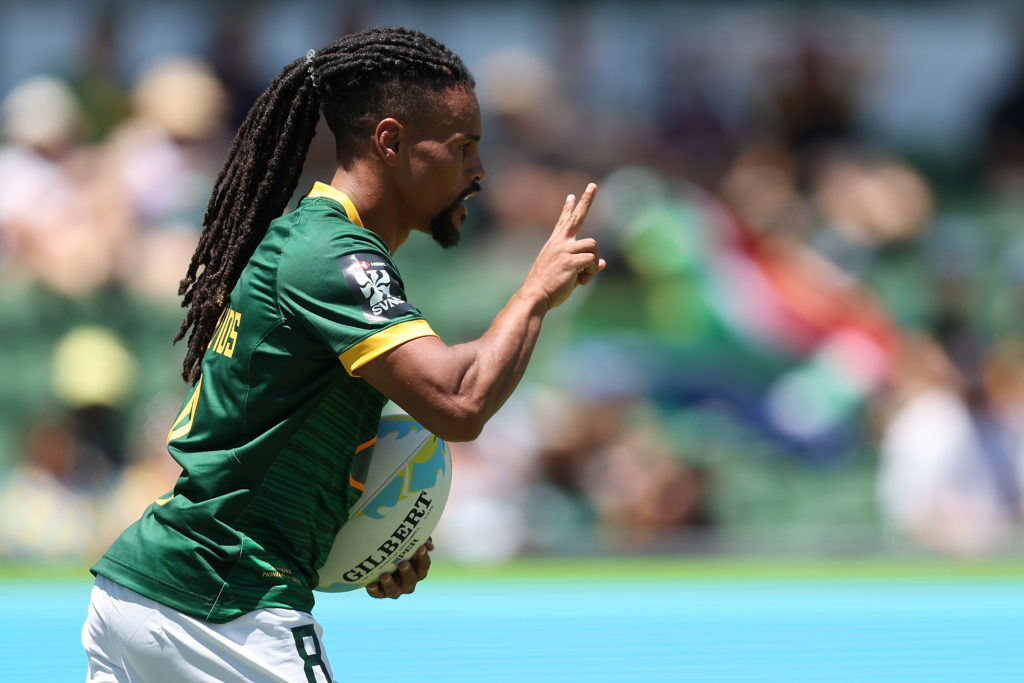 PERTH, AUSTRALIA - JANUARY 26: Selvyn Davids of South Africa celebrates after crossing for a try during the 2024 Perth SVNS men's match between South Africa and Canada at HBF Park on January 26, 2024 in Perth, Australia.