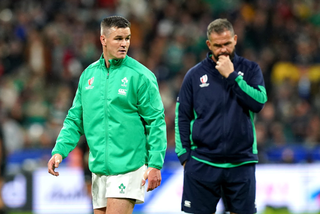 Photo: BackpagePix Ireland's Johnny Sexton (left) and head coach Andy Farrell during the Rugby World Cup 2023 quarter final match at Stade de France, Saint-Denis. Picture date: Saturday October 14, 2023.