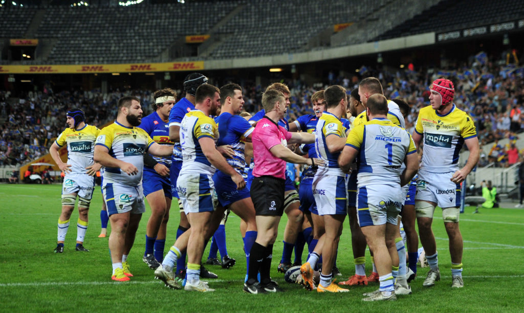 Tempers flare between Stormers and Clermont during the Heineken Champions Cup 2022/23 game between Stormers and Clermont at Cape Town Stadium on 21 January 2023 © Ryan Wilkisky/BackpagePix