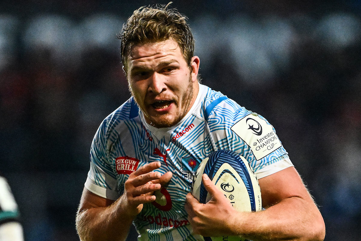 BRISTOL, ENGLAND - JANUARY 13: Jan-Hendrik Wessels of Vodacom Bulls makes a break to score his side's fourth try during the Investec Champions Cup match between Bristol Bears and Vodacom Bulls at Ashton Gate on January 13, 2024 in Bristol, England. (Photo by Dan Mullan/Getty Images)