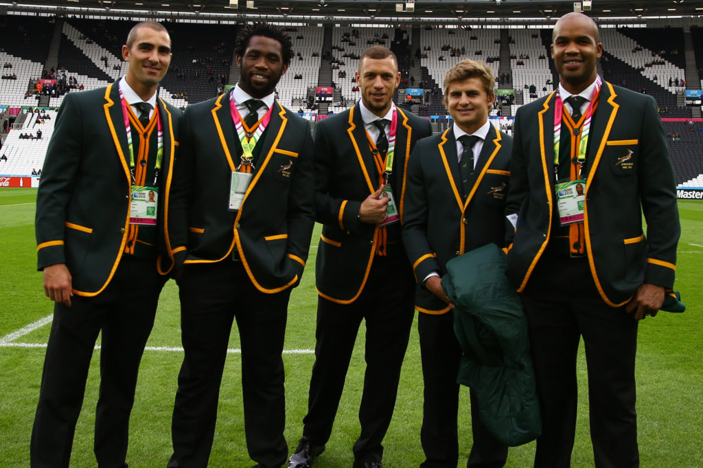 LONDON, ENGLAND - OCTOBER 07: General views Ruan Pienaar with Siya Kolisi Zane Kirchner Patrick Lambie JP Pietersen of South Africa during the Rugby World Cup 2015 Pool B match between South Africa and United States of America at The Stadium, Queen Elizabeth Olympic Park on October 07, 2015 in London, England. (Photo by Steve Haag/Gallo Images)