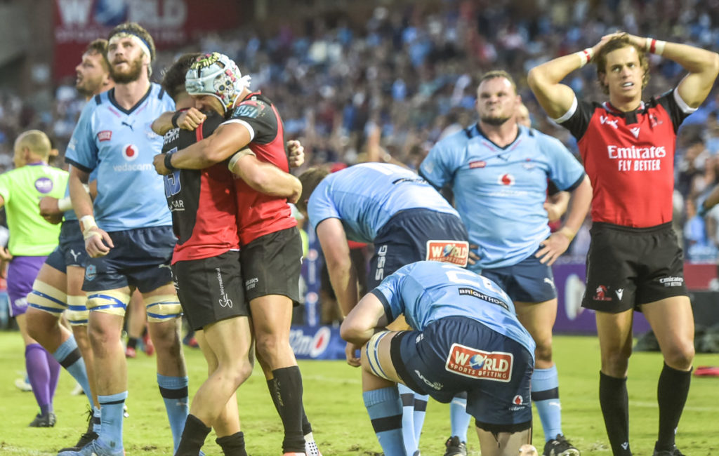 PRETORIA, SOUTH AFRICA - MARCH 04: The Lions team celebrate as they win the match by 4 pointsduring the United Rugby Championship match between Vodacom Bulls and Emirates Lions at Loftus Versfeld on March 04, 2023 in Pretoria, South Africa.