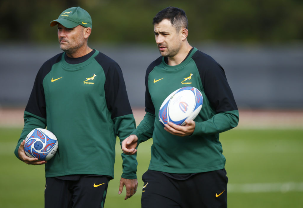 DOMONT, FRANCE - OCTOBER 17: Jacques Nienaber (Head Coach) of South Africa with Felix Jones of South Africa during the South Africa men's national rugby team training session at Stade des Fauvettes on October 17, 2023 in Domont, France.