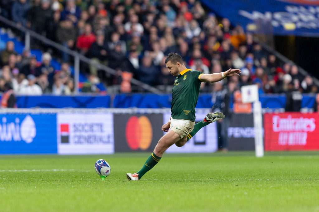 PARIS, FRANCE - OCTOBER 21: Handre Pollard of South Africa kicks the ball during the Rugby World Cup 2023 semi final match between England and South Africa at Stade de France on October 21, 2023 in Paris, France. (Photo by Juan Jose Gasparini/Gallo Images)