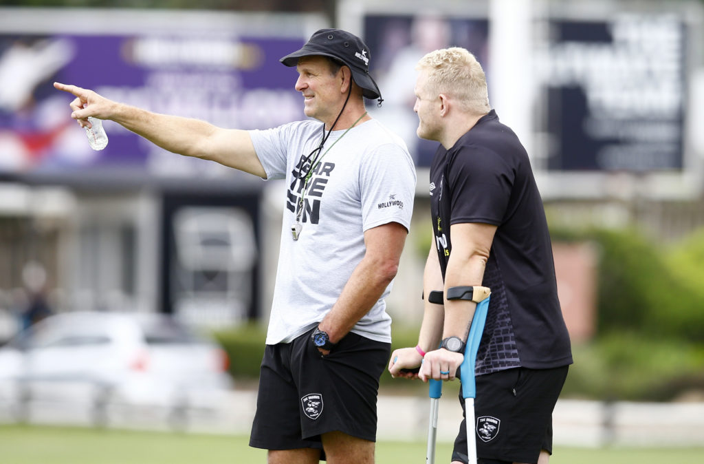 DURBAN, SOUTH AFRICA - DECEMBER 13: John Plumtree (Head Coach) of the Hollywoodbets Sharks with Vincent Koch of the Hollywoodbets Sharks during the Hollywoodbets Sharks training session at Hollywoodbets Kings Park Stadium on December 13, 2023 in Durban, South Africa. (Photo by Steve Haag Sports/Gallo Images)