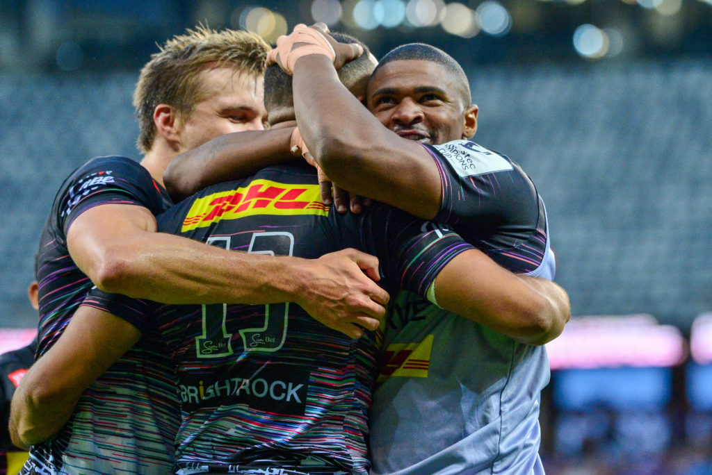 CAPE TOWN, SOUTH AFRICA - JANUARY 13: Suleiman Hartzenberg of DHL Stormers celebrates scoring a try with team mates during the Investec Champions Cup match between DHL Stormers and Sale Sharks at DHL Stadium on January 13, 2023 in Cape Town, South Africa. (Photo by Grant Pitcher/Gallo Images)