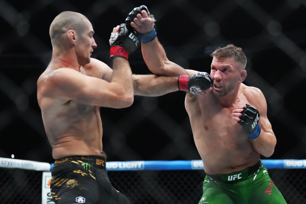 Mandatory Credit: Photo by Canadian Press/Shutterstock (14309597av) Sean Strickland, left, fights Dricus Du Plessis during a middleweight title bout at UFC 297 in Toronto on Sunday, January 21, 2024. Mma-Ufc-297, Toronto, Canada - 20 Jan 2024