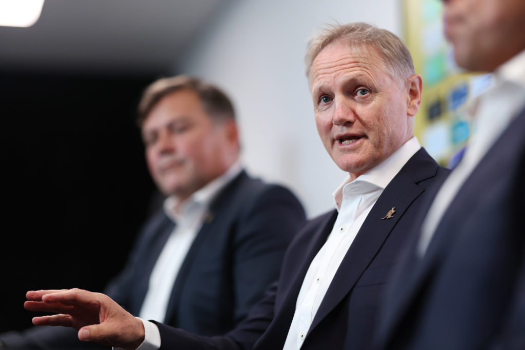SYDNEY, AUSTRALIA - JANUARY 19: New Wallabies Head Coach Joe Schmidt speaks to media during a Rugby Australia media opportunity at Allianz Stadium on January 19, 2024 in Sydney, Australia. (Photo by Mark Metcalfe/Getty Images)