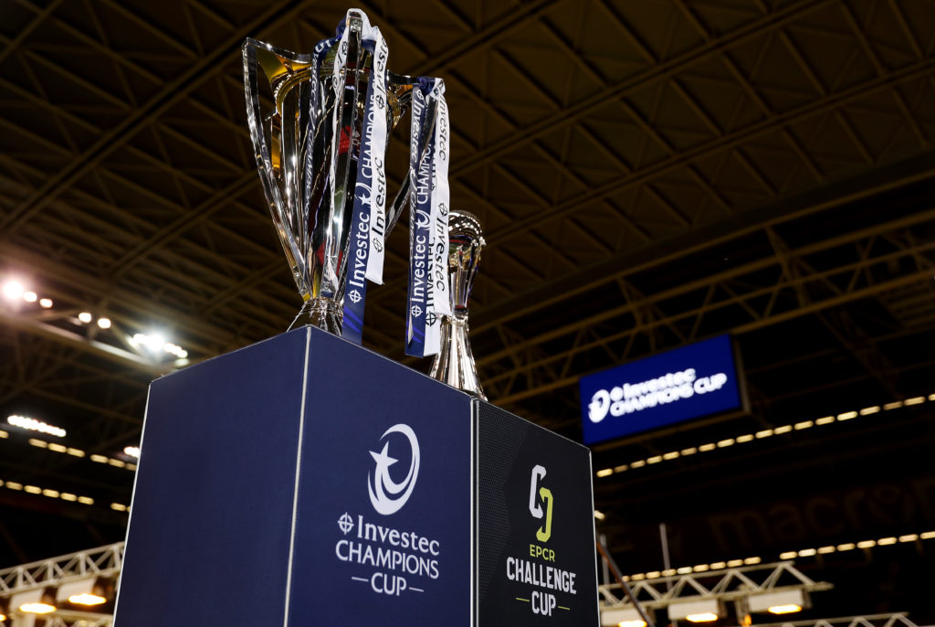 CARDIFF, WALES - JANUARY 31: A general view of the Investec Champions Cup and the EPCR Challenge Cup trophies on the inside of the stadium as Cardiff and Bilbao are announced as host cities for the 2025 and 2026 European Rugby Finals respectively, at Principality Stadium on January 31, 2024 in Cardiff, Wales. (Photo by Ryan Hiscott/Getty Images)