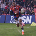 Aphiwe Dyantyi of the Emirates Lions on his way to scoring his try during the 2019 Super Rugby match between The Lions and The Stormers at the Ellis Park Stadium,Johannesburg on the 01 June 2019 ©Chris Kotze/BackpagePix