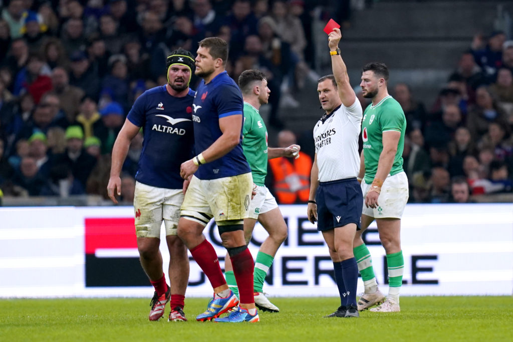 Photo: Andrew Matthews/ PA/BackpagePix France's Paul Willemse is shown a red card after receiving a second yellow during the Guinness Six Nations match at the Orange Velodrome in Marseille, France. Picture date: Friday February 2, 2024.