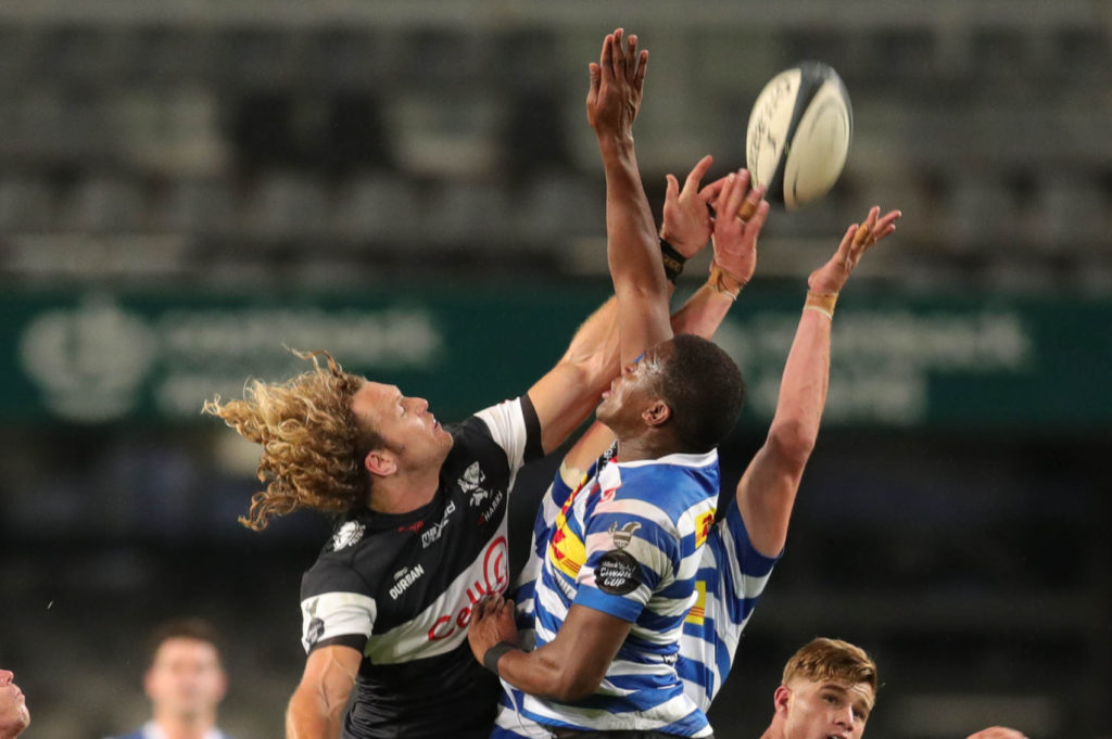 Werner Kok of the Sharks challenged by Hacjivah Dayimani of the Western Province during the 2021 Carling Black Label Currie Cup match between Sharks and Western Province at Jonsson Kings Park Stadium, Durban, on 28 August 2021 ©Samuel Shivambu/BackpagePix