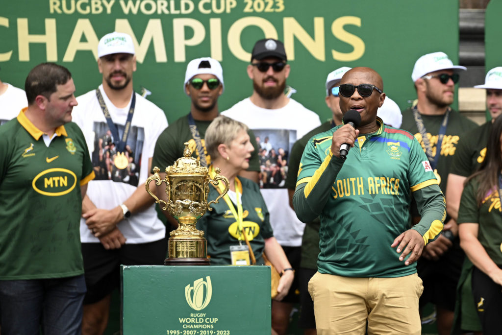 Zizi Kodwa, Southg Africa Minister of Sport addresses the crowd during the 2023 Rugby World Cup South Africa Trophy Tour through Cape Town on the 3 November 2023 ©Ryan Wilkisky/BackpagePix