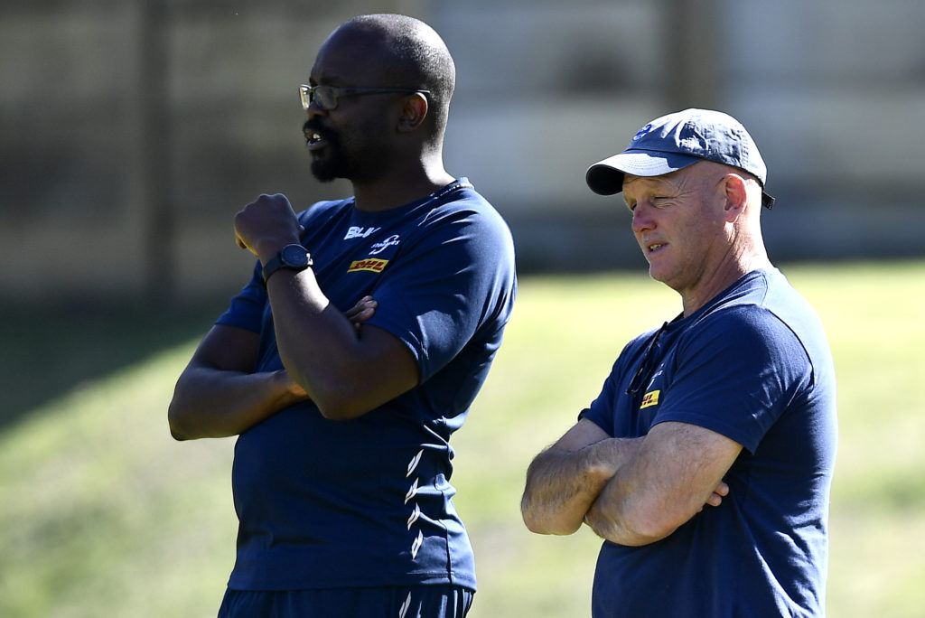 CAPE TOWN, SOUTH AFRICA - MAY 16: Rito Hlungwani and John Dobson during the DHL Stormers and DHL Western Province joint training session at High Performance Centre on May 16, 2023 in Cape Town, South Africa. (Photo by Ashley Vlotman/Gallo Images)