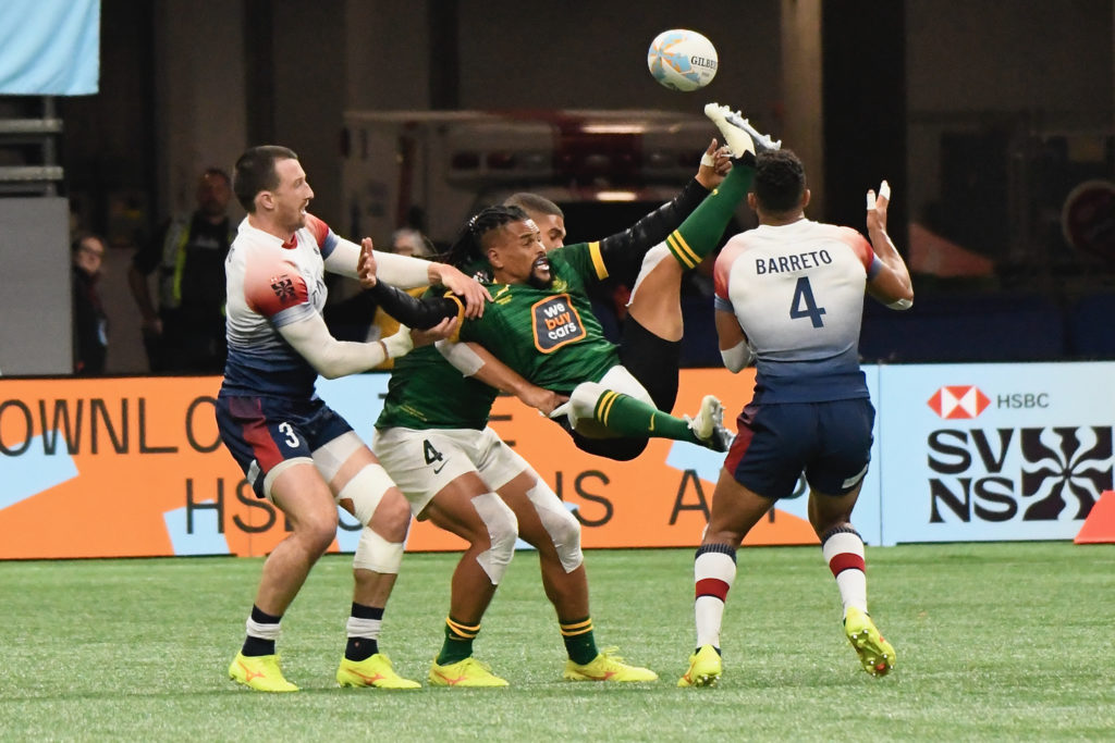 VANCOUVER, CANADA - FEBRUARY 23 : Action during the HSBC Vancouver Sevens match between South Africa and Great Britain at BC Place on February 23, 2024 in Vancouver, Canada. (Photo by David Van Der Sandt/Gallo Images)