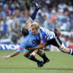 CAPE TOWN, SOUTH AFRICA - 17 October 2009: Schalk Burger tackles Fourie du Preez in the Currie Cup semi final between the Blue Bulls and Western Province on Saturday, 17 October 2009. (Photo by Gallo Images/Foto24/Yunus Mohamed)