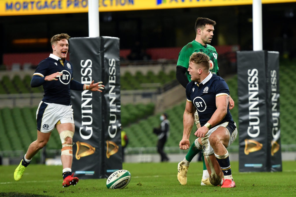 Dublin , Ireland - 5 December 2020; Duhan van der Merwe of Scotland, right, celebrate with team-mate Darcy Graham after scoring his side's first try during the Autumn Nations Cup match between Ireland and Scotland at the Aviva Stadium in Dublin. (Photo By Seb Daly/Sportsfile via Getty Images)