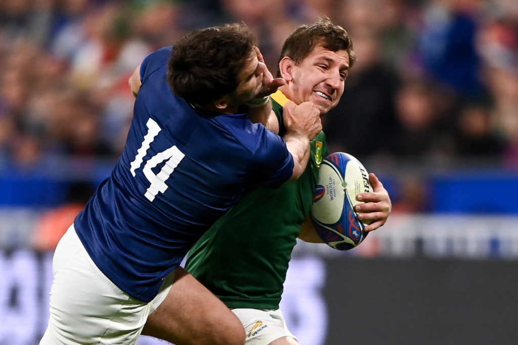 Paris , France - 15 October 2023; Kwagga Smith of South Africa is tackled by Damien Penaud of France during the 2023 Rugby World Cup quarter-final match between France and South Africa at the Stade de France in Paris, France. (Photo By Harry Murphy/Sportsfile via Getty Images)
