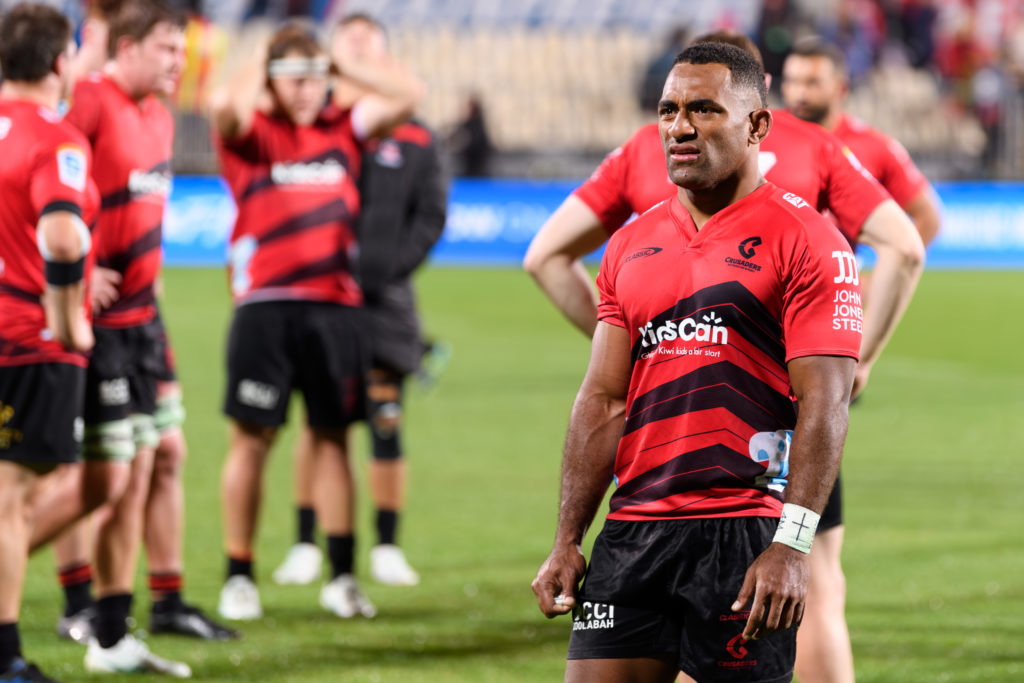 CHRISTCHURCH, NEW ZEALAND - MARCH 15: Sevu Reece of the Crusaders looks dejected after the loss in the round four Super Rugby Pacific match between the Crusaders and Hurricanes at Apollo Projects Stadium, on March 15, 2024, in Christchurch, New Zealand. (Photo by Kai Schwoerer/Getty Images)