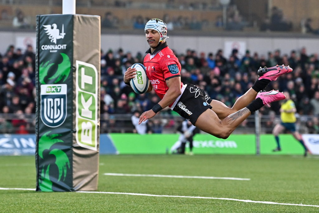 Galway , Ireland - 23 March 2024; Edwill van der Merwe of Emirates Lions dives over to score his side's third try during the United Rugby Championship match between Connacht and Emirates Lions at Dexcom Stadium in Galway. (Photo By Piaras Ó Mídheach/Sportsfile via Getty Images)