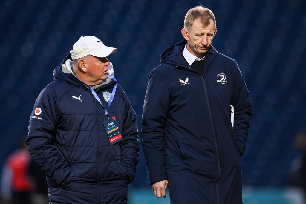 Dublin , Ireland - 29 March 2024; Vodacom Bulls head coach Jake White, left, and Leinster head coach Leo Cullen before the United Rugby Championship match between Leinster and Vodacom Bulls at the RDS Arena in Dublin. (Photo By Seb Daly/Sportsfile via Getty Images)