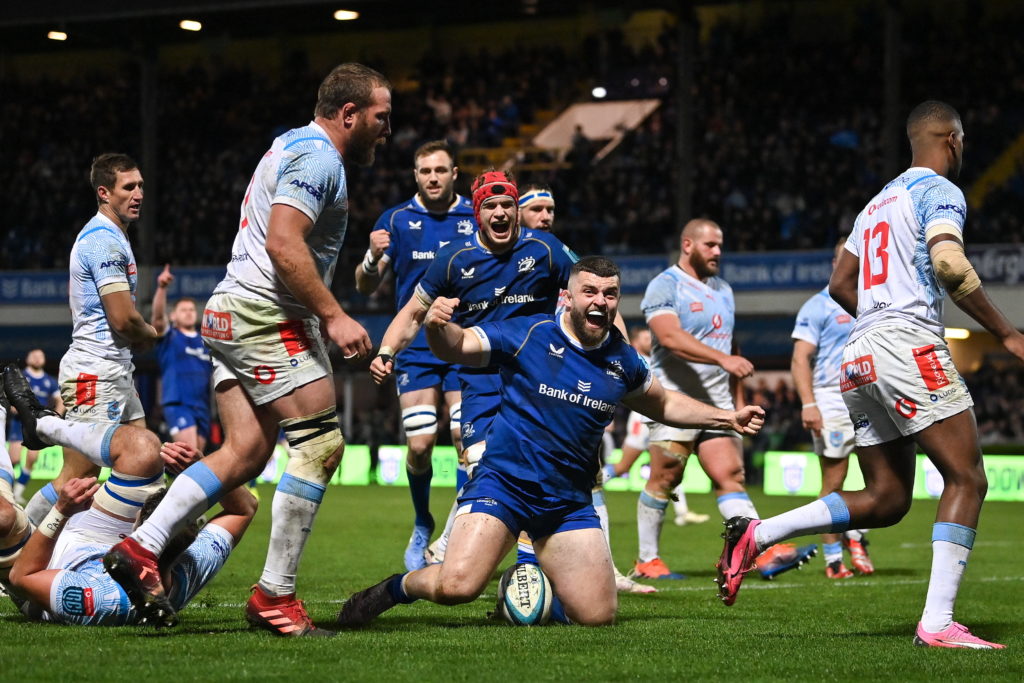 Dublin , Ireland - 29 March 2024; Michael Milne of Leinster celebrates after scoring his side's fourth try during the United Rugby Championship match between Leinster and Vodacom Bulls at the RDS Arena in Dublin. (Photo By Seb Daly/Sportsfile via Getty Images)