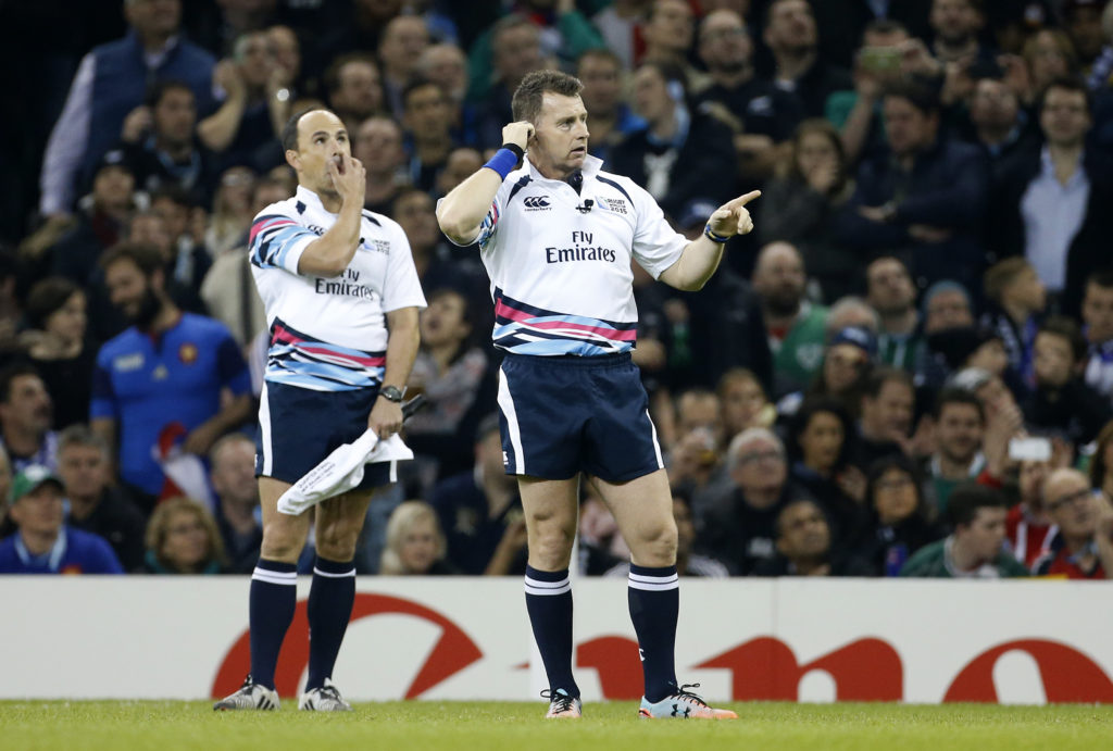 CARDIFF, WALES - OCTOBER 17: Assistant referee Jaco Peyper of South Africa and referee Nigel Owens of Wales look on during the 2015 Rugby World Cup Quarter Final match between New Zealand and France at the Millennium Stadium on October 17, 2015 in Cardiff, United Kingdom. (Photo by Jean Catuffe/Getty Images)