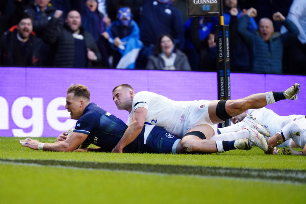 Photo: Jane Barlow/PA Scotland's Duhan van der Merwe scores their first try during the Guinness Six Nations match at the Scottish Gas Murrayfield Stadium, Edinburgh. Picture date: Saturday February 24, 2024.