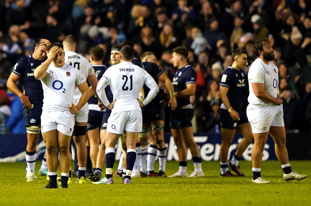Photo: Andrew Milligan/PA England players look dejected following defeat in the Guinness Six Nations match at the Scottish Gas Murrayfield Stadium, Edinburgh. Picture date: Saturday February 24, 2024.