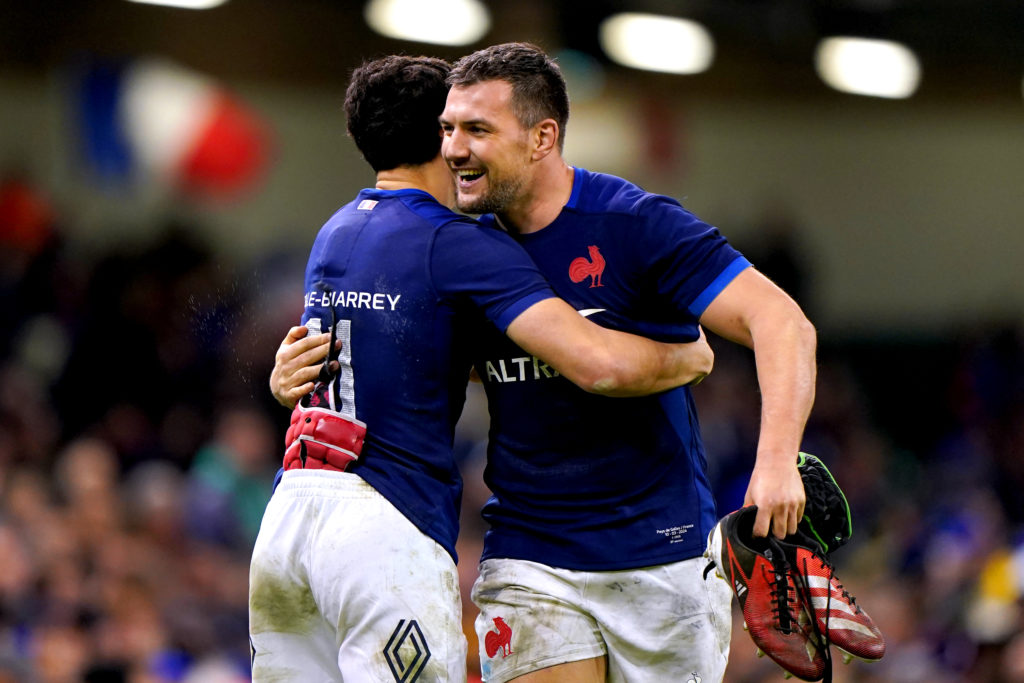Photo: BackpagePix France's Francois Cros hugs team-mate Louis Bielle-Biarrey at the end of the Guinness Six Nations match at the Principality Stadium, Cardiff. Picture date: Sunday March 10, 2024.