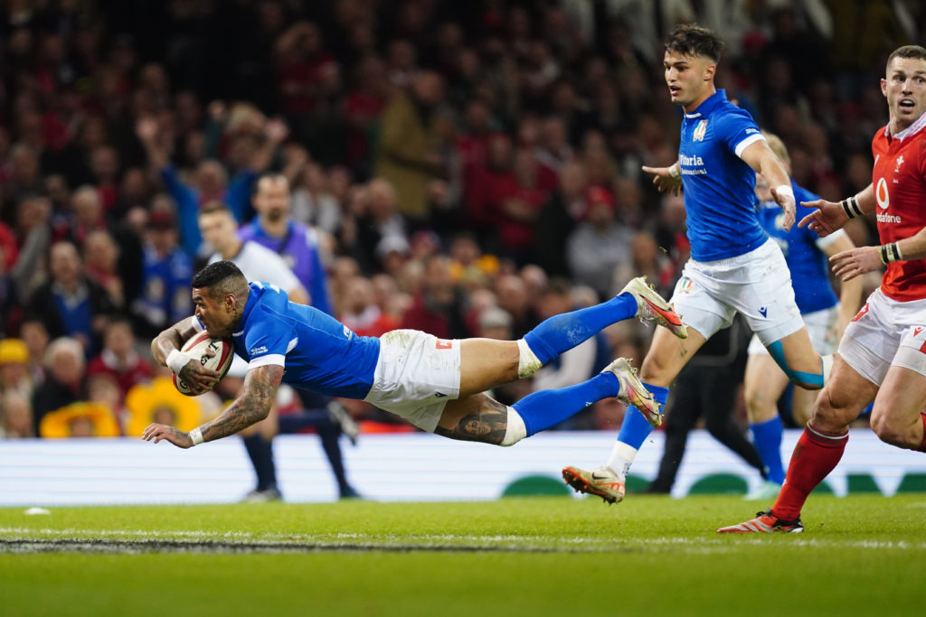 Photo: David Davies/PA via BackpagePix Italy's Monty Ioane scores their first try of the game during the Guinness Six Nations match at the Principality Stadium, Cardiff. Picture date: Saturday March 16, 2024.
